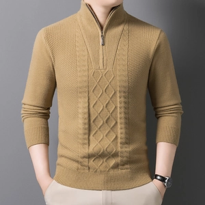 Khaki Herren-Strickpullover mit halbem Reißverschluss, dickem Zopfmuster und Stehkragen