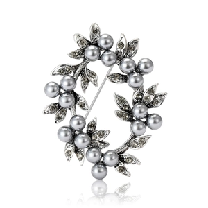 Fashion vintage pearl flower wreath brooch with grey pearls and crystals on silver metal