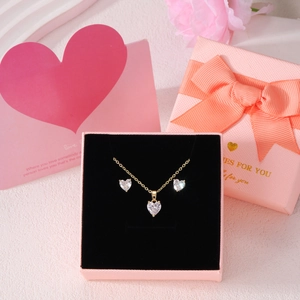 Heart Zirconia Jewelry Set For Women Gold Copper Heart Necklace And Stud Earrings With Pink Gift Box Valentine Gift