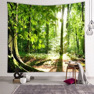 Detail of forest landscape wall tapestry with vivid sunlight printing in a home interior