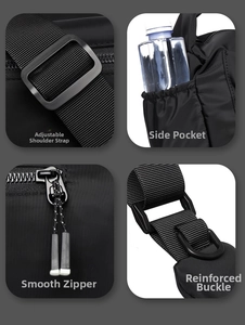 Details of black waterproof bag showing adjustable strap, side pocket, and smooth zipper