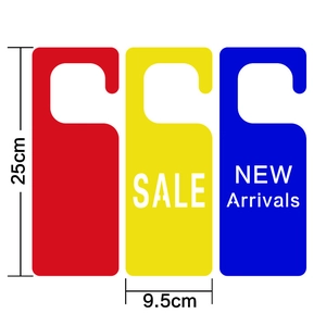 Transparent acrylic door hangers for clothing stores in red, yellow, and blue colors
