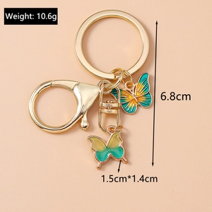 Detail of blue gradient butterfly keychain with golden alloy finish and size markings