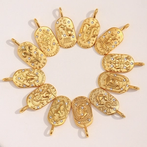 Set of 12 gold plated stainless steel 12 zodiac oval pendants with rhinestones for DIY necklaces