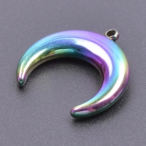 Detailed view of crescent moon pendant with iridescent rainbow electroplated finish
