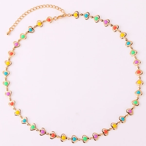 Close-up of gold chain necklace with multi-color enamel hearts and lobster clasp
