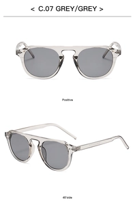 Front and 45-degree side views of trendy grey transparent sunglasses with matching lenses