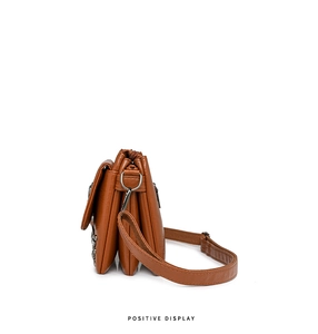 Side view of brown PU leather crossbody bag showing multiple zip compartments and strap