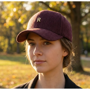 Detail of burgundy herringbone baseball cap with gold metal R letter on tweed fabric