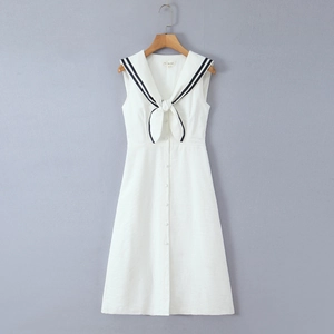 French vintage sailor collar white sleeveless A-line dress with contrast bow detail