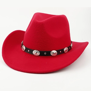 Classic red western cowboy wool felt hat with decorative black metal studded band