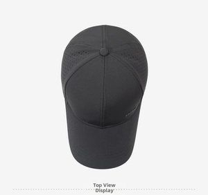 Detail of dark grey breathable baseball cap with laser-cut side ventilation holes