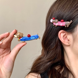 Cute Dachshund Dog Hair Clips Resin Alloy Animal Shape Colorful Stripe Grid Side Bangs Barrettes For Women Girls