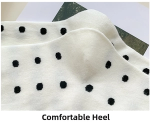 Detailed macro view of the comfortable reinforced heel on white polka dot cotton socks