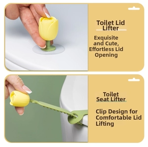 Detail of tulip-shaped silicone toilet lid lifters showing suction cup and strap mount