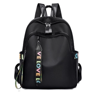 Waterproof black nylon backpack for women with colorful LOVE ribbon charms and large capacity