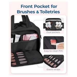 Large black travel toiletry bag with wide opening, front pocket, and elastic brush straps