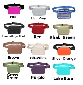 Waterproof nylon sports belt bags shown in twelve diverse colors in a grid layout