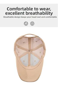 Detail view of khaki baseball cap featuring breathable mesh lining and adjustable strap