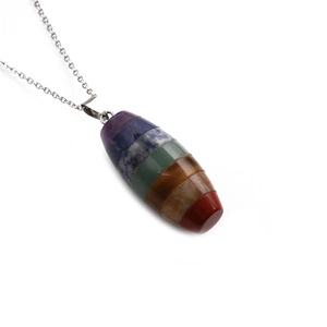 Chakra crystal bullet pendant necklace with colorful gradient gemstones on silver chain
