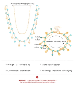 Detail of copper gold necklace set with sea shells and blue rhinestones and dimensions