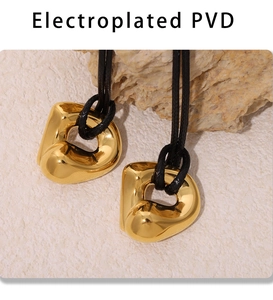 Macro shot of gold D-shaped curved pendant with PVD plating and black leather cord