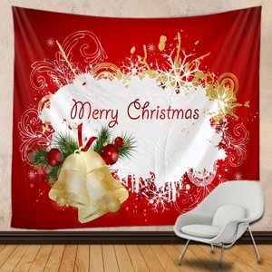 Detailed view of a red Christmas tapestry with bells, pine needles and Merry Christmas text