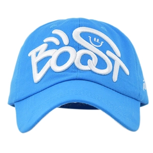 Sky blue cotton baseball cap featuring white 3D BOOST embroidery with a smile element