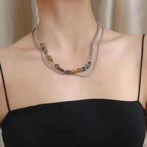 Double-layer stainless steel snake chain necklace with natural yellow and gray stone beads