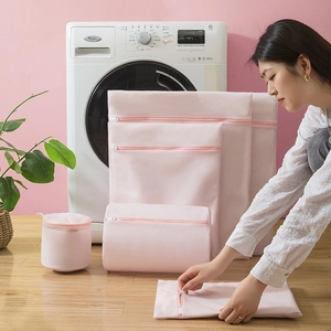 Pink mesh laundry bag set for washing machine protection in various sizes