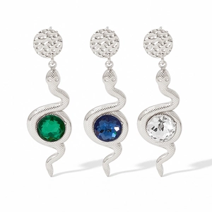 Snake drop earrings with colored glass beads in emerald green, royal blue, and clear crystal