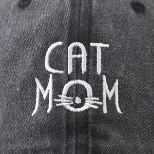 Dark grey washed cotton baseball cap featuring white CAT MOM embroidery on the front panel