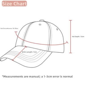 Size guide for women's baseball cap with measurements for circumference, brim, and depth