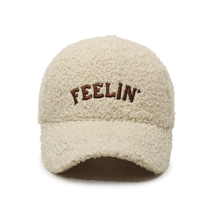 Off-white teddy fleece baseball cap with dark brown FEELIN' embroidery for winter