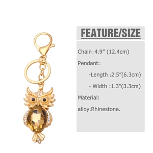 Detailed size guide for the golden owl keychain with amber rhinestones and alloy frame