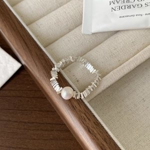 925 Sterling Silver Artificial Pearl Ring For Women Adjustable Geometric Segmented Band Minimalist Korean Style Elegant Jewelry