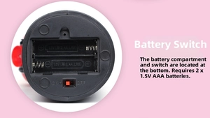 Detail of the bottom base with battery compartment and ON/OFF switch for the saving bank