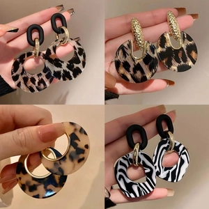 Geometric Drop Earrings With Leopard Zebra Print Acrylic Resin Star Circle Alloy And Silver Earring Post For Women