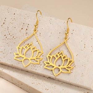 Stainless Steel Hollow Lotus Flower Dangle Earrings For Women Elegant Teardrop Lotus Hook Earrings Boho Wedding Jewelry Gift