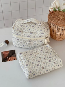 Quilted cotton floral bunny toiletry bag set with top handle and cosmetic pouch