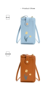 Vertical contrast of blue and brown leather phone bags with elegant tulip floral print