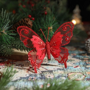 Pince papillon rouge de Noël scintillante avec paillettes et strass pour sapin