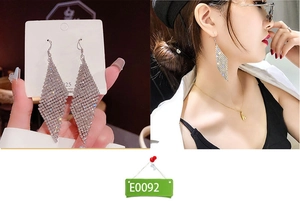 Silver tassels long drop earrings with shiny rhinestones and S925 needle on model