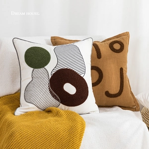 Modern Throw Pillow Cover Canvas Ramie Tufted Embroidery Geometric Tiger Pattern Sofa Living Room Decorative Cushion Case