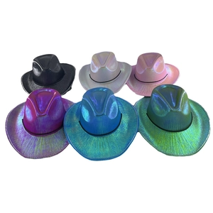 Top view of six colorful metallic laser cowboy hats in black, silver, pink, blue, and green
