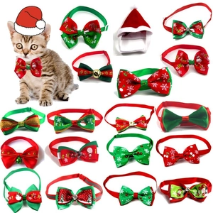 Pet Christmas Hat And Bow Tie Collar Polyester Grosgrain Ribbon Plush Adjustable Festive Holiday Accessories For Cats Dogs