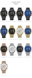Multiple color options for men's three-eye quartz watches with stainless steel mesh straps