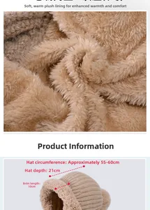 Détail du bonnet tricoté kaki avec doublure en peluche chaude et spécifications de taille