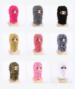 Nine colorful plush balaclava ski masks displayed in a 3x3 grid showing texture and variety