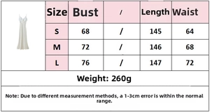 Detailed size chart for lace satin slip dress showing bust, waist, and length measurements